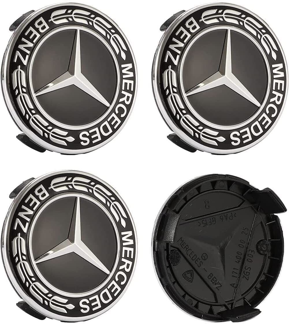 SET OF 4 MERCEDES BLACK WREATH ALLOY WHEEL CENTRE CAPS 75MM Fit A CLASS, C CLASS, E CLASS, S CLASS, AMG