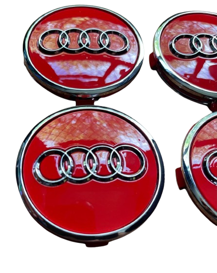 SET OF 4 AUDI Red ALLOY WHEEL CENTRE CAPS WITH CHROME RING 61MM (4M0601170) Fit A3 A4 A5