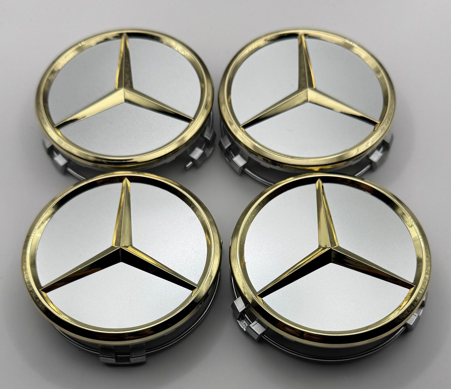 MERCEDES SILVER GOLD ALLOY WHEEL CENTRE CAPS 75MM Fit A CLASS, C CLASS, E CLASS, S CLASS, AMG(#AMEM16SILVERGOLD)