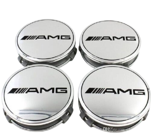 SET OF 4 MERCEDES AMG SILVER ALLOY WHEEL CENTRE CAPS 75MM Fit A CLASS, C CLASS, E CLASS, S CLASS, AMG