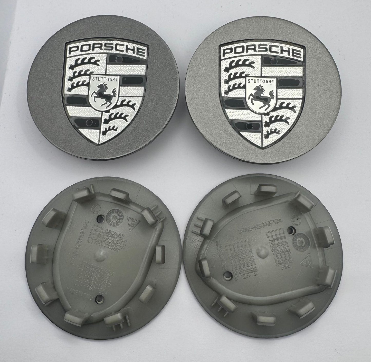 SET OF 4 PORSCHE Grey Black ALLOY WHEEL CENTRE CAPS 76MM Fit 911, Cayman, Boxster