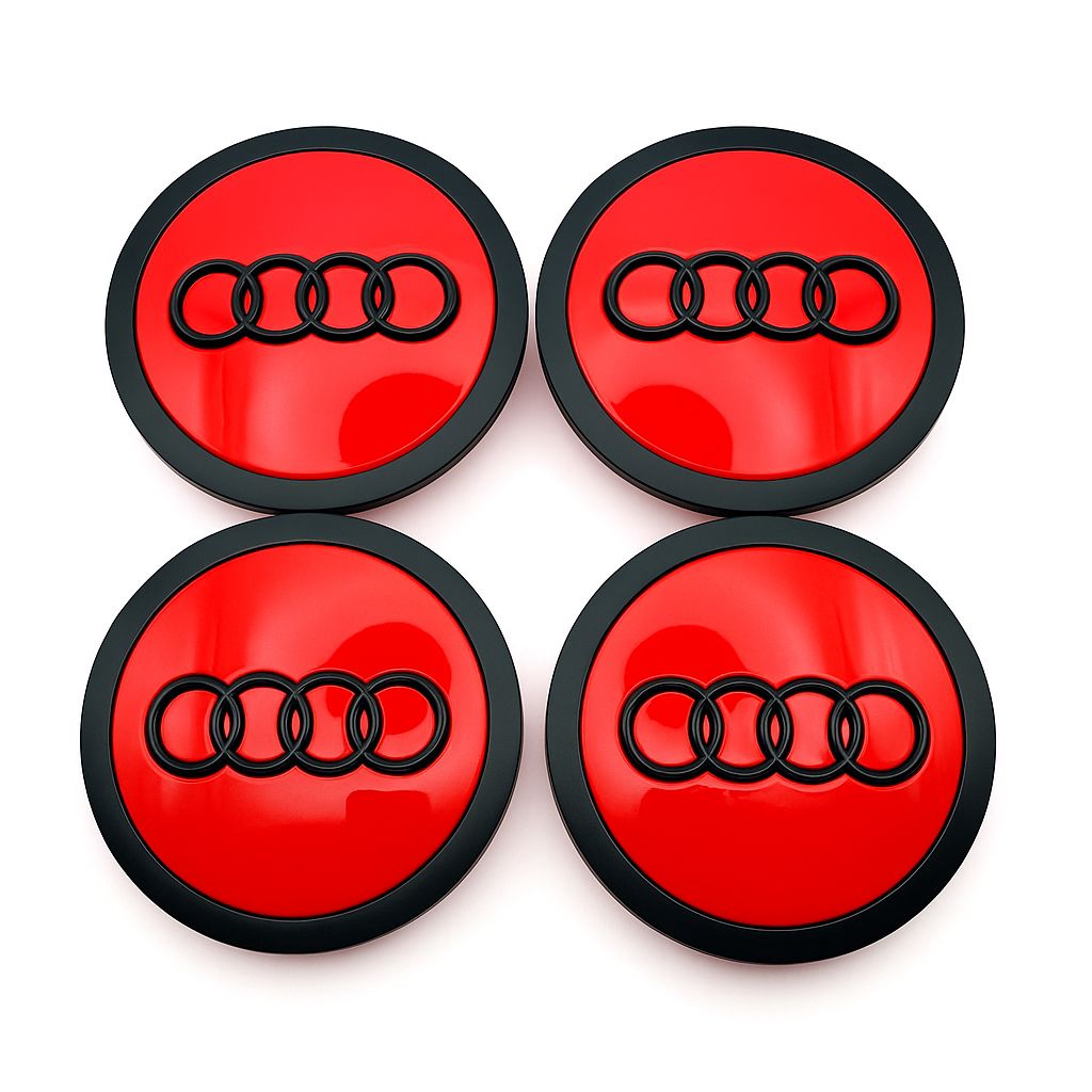 SET OF 4 AUDI RED BLACK ALLOY WHEEL CENTRE CAPS WITH CHROME RING 69MM (4B060117A) Fit A3 A4 A5