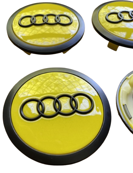 SET OF 4 AUDI YELLOW ALLOY WHEEL CENTRE CAPS WITH Black RING 69MMFit A3 A4 A5