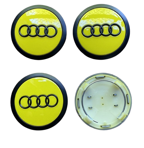 SET OF 4 AUDI YELLOW ALLOY WHEEL CENTRE CAPS WITH Black RING 69MMFit A3 A4 A5