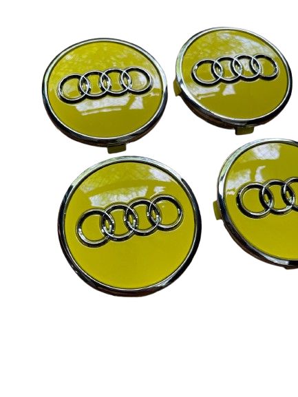 SET OF 4 AUDI YELLOW SILVER ALLOY WHEEL CENTRE CAPS WITH CHROME RING 61MM (4M0601170) Fit A3 A4 A5