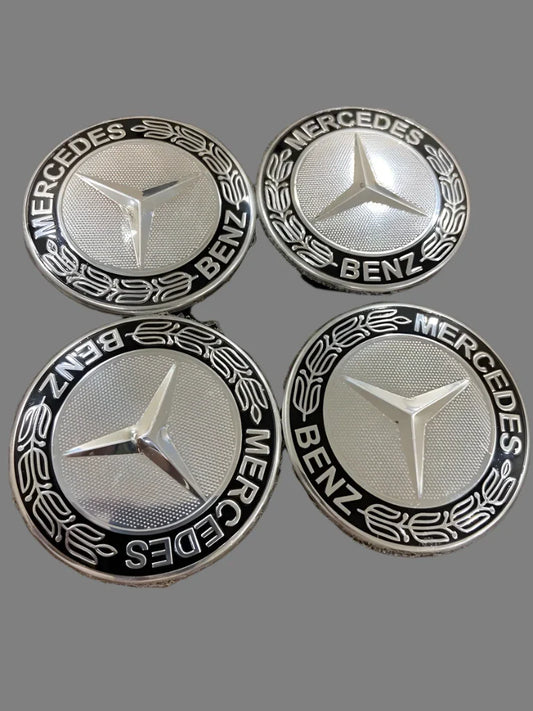Set of 4 Mercedes Alloy Wheel Center Caps Silver & Black – 75mm