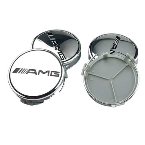 SET OF 4 MERCEDES AMG SILVER ALLOY WHEEL CENTRE CAPS 75MM Fit A CLASS, C CLASS, E CLASS, S CLASS, AMG