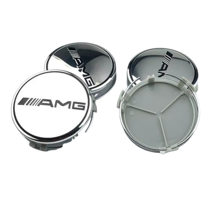 SET OF 4 MERCEDES AMG SILVER ALLOY WHEEL CENTRE CAPS 75MM Fit A CLASS, C CLASS, E CLASS, S CLASS, AMG