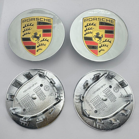 SET OF 4 PORSCHE Silver Gloss ALLOY WHEEL CENTRE CAPS 76MM Fit 911, Cayman, Boxster