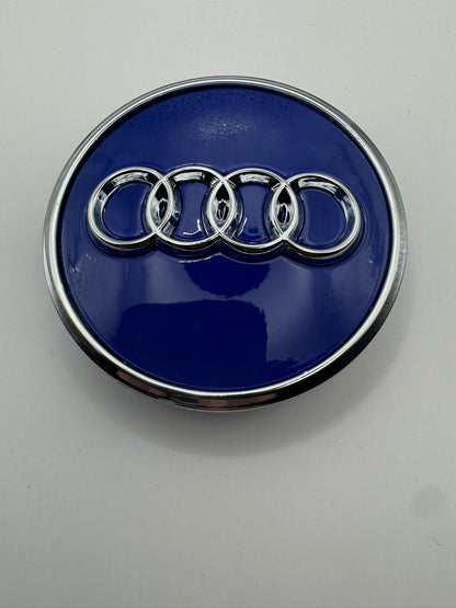 SET OF 4 AUDI BLUE SILVER ALLOY WHEEL CENTRE CAPS WITH CHROME RING