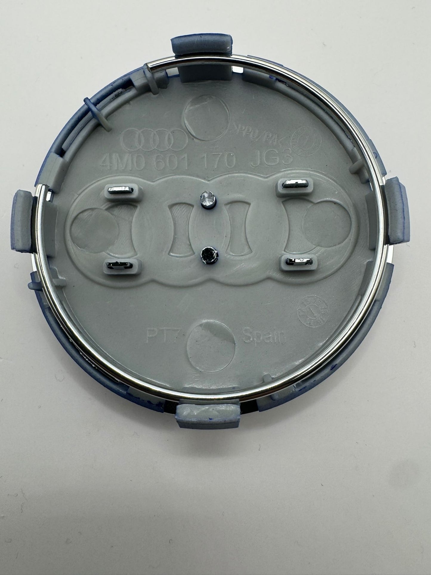 SET OF 4 AUDI BLUE SILVER ALLOY WHEEL CENTRE CAPS WITH CHROME RING