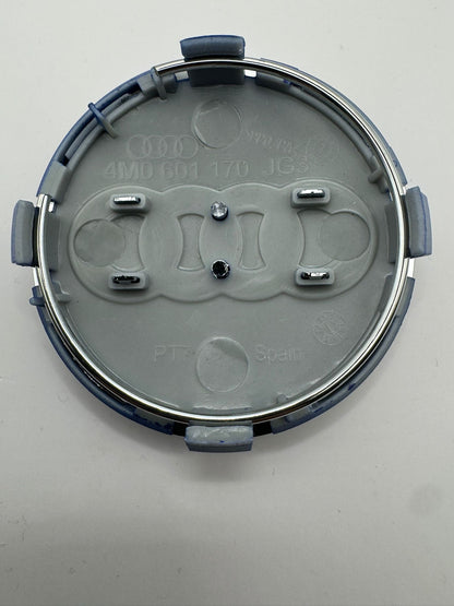 SET OF 4 AUDI BLUE SILVER ALLOY WHEEL CENTRE CAPS WITH CHROME RING