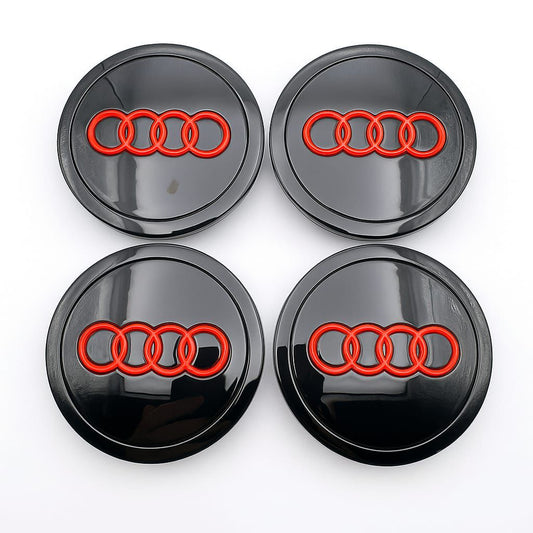 SET OF 4 AUDI FULL BLACK RED ALLOY WHEEL CENTRE CAPS WITH CHROME RING 69MM (4B060117A) Fit A3 A4 A5