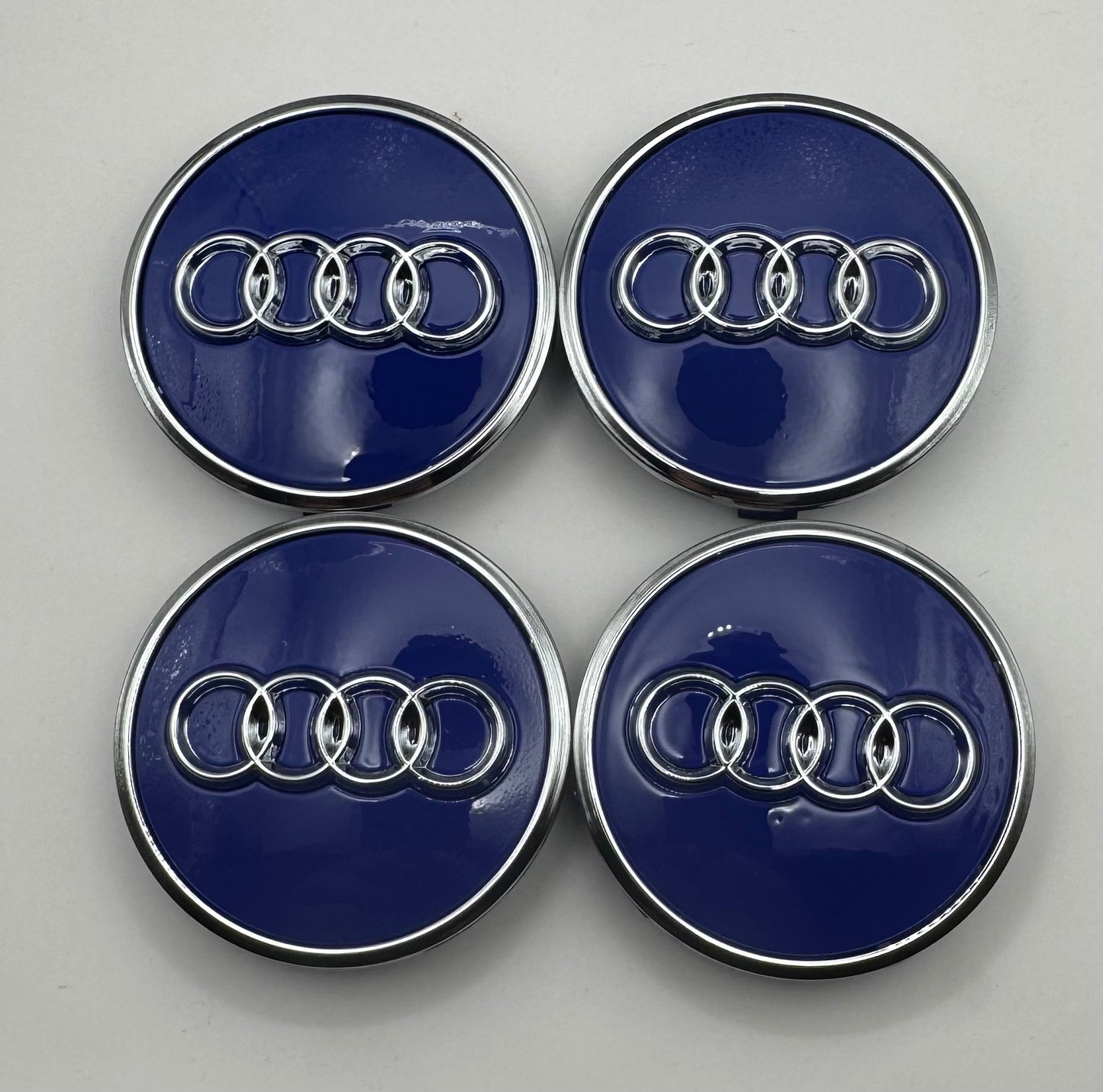 SET OF 4 AUDI BLUE SILVER ALLOY WHEEL CENTRE CAPS WITH CHROME RING