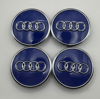 SET OF 4 AUDI BLUE SILVER ALLOY WHEEL CENTRE CAPS WITH CHROME RING