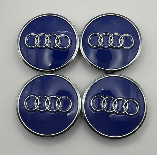SET OF 4 AUDI BLUE SILVER ALLOY WHEEL CENTRE CAPS WITH CHROME RING