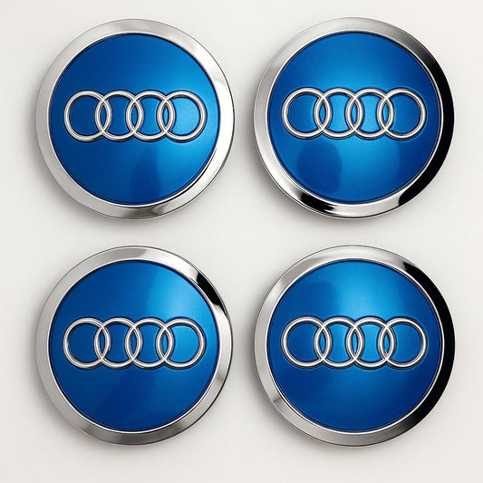 SET OF 4 AUDI BLUE ALLOY WHEEL CENTRE CAPS WITH CHROME RING 69MM (4B060117A) Fit A3 A4 A5