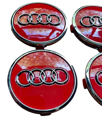 SET OF 4 AUDI Red ALLOY WHEEL CENTRE CAPS WITH CHROME RING   61MM (4M0601170) Fit A3 A4 A5