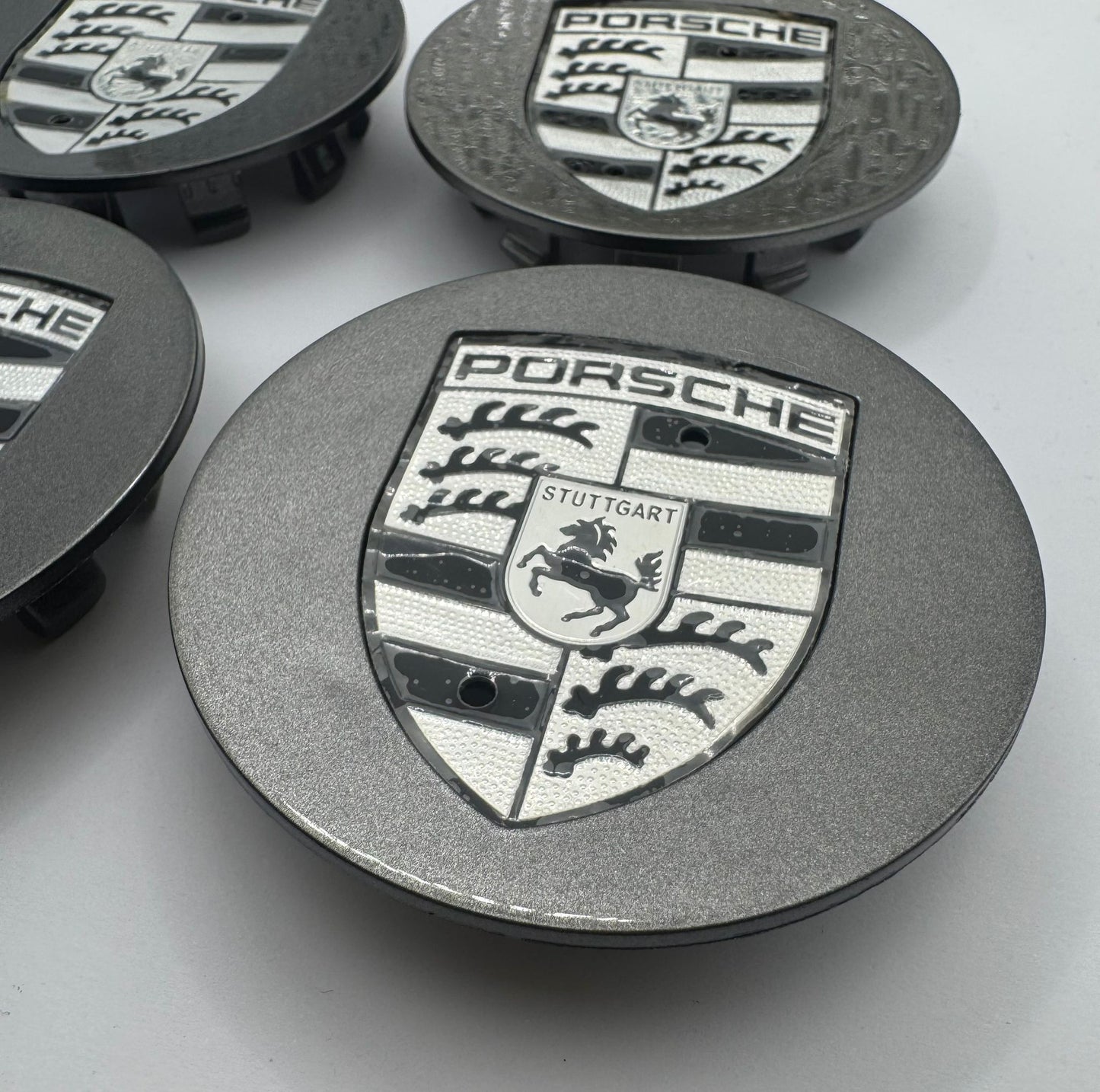 SET OF 4 PORSCHE Grey Black ALLOY WHEEL CENTRE CAPS 76MM Fit 911, Cayman, Boxster