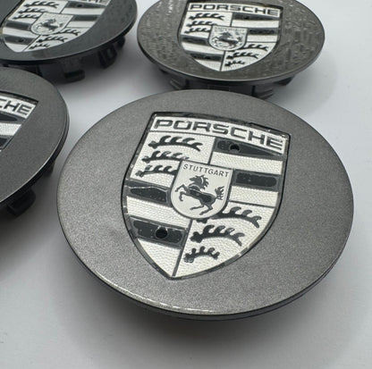 SET OF 4 PORSCHE Grey Black ALLOY WHEEL CENTRE CAPS 76MM Fit 911, Cayman, Boxster