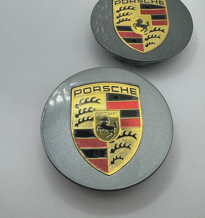 SET OF 4 PORSCHE Grey ALLOY WHEEL CENTRE CAPS 76MM Fit 911, Cayman, Boxster