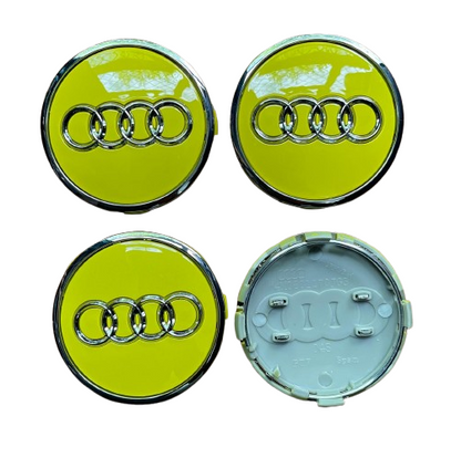 SET OF 4 AUDI YELLOW SILVER ALLOY WHEEL CENTRE CAPS WITH CHROME RING   61MM (4M0601170) Fit A3 A4 A5