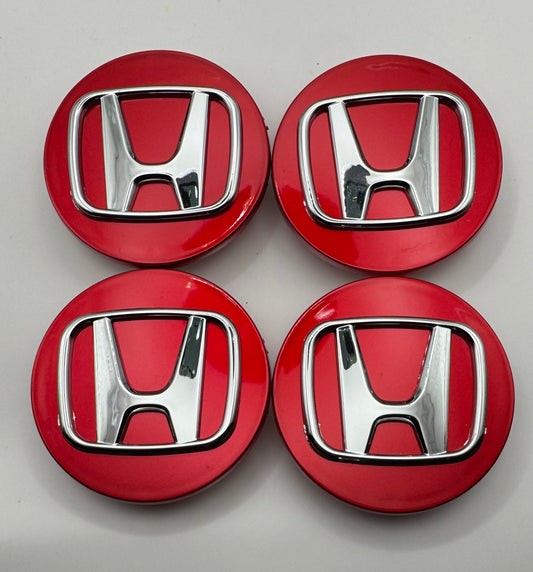 HONDA RED CHROME ALLOY WHEEL CENTRE CAPS 69MM Fit ACCORD, CRV, CIVIC (#AMEHO2RED)