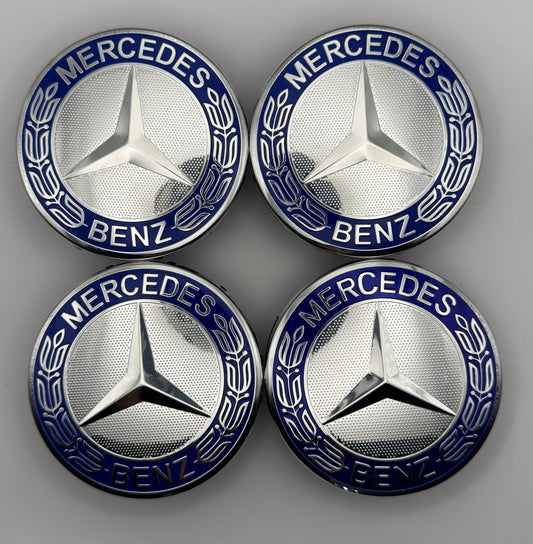 MERCEDES SILVER ALLOY WHEEL CENTRE CAPS 75MM Fit A CLASS, C CLASS, E CLASS, S CLASS (#AMGAMEM17SILVER)