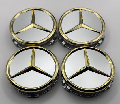 MERCEDES SILVER GOLD ALLOY WHEEL CENTRE CAPS 75MM Fit A CLASS, C CLASS, E CLASS, S CLASS, AMG(#AMEM16SILVERGOLD)