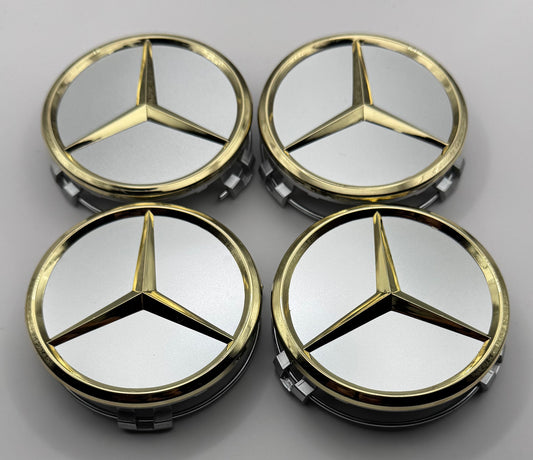 MERCEDES SILVER GOLD ALLOY WHEEL CENTRE CAPS 75MM Fit A CLASS, C CLASS, E CLASS, S CLASS, AMG(#AMEM16SILVERGOLD)