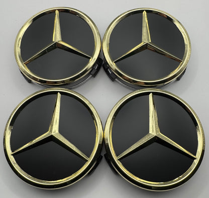 MERCEDES BLACK GOLD ALLOY WHEEL CENTRE CAPS (A CLASS, C CLASS, E CLASS, S CLASS) AMG(#AMEM15BLACKGOLD)