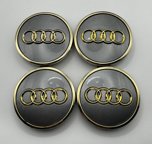 AUDI SILVER GOLD ALLOY WHEEL CENTRE CAPS ( #AMEAU15SILVERGOLD)