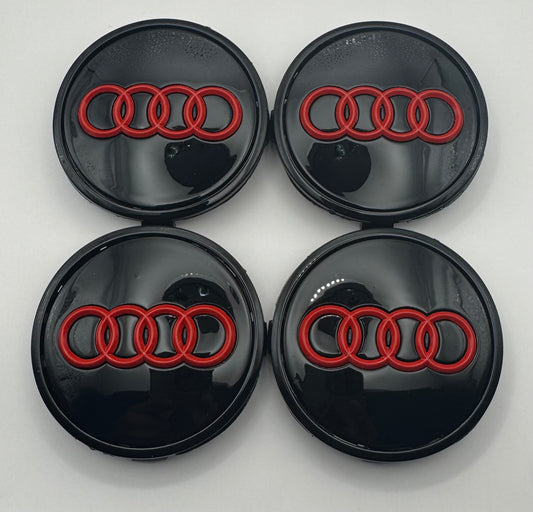 AUDI BLACK RED ALLOY WHEEL CENTRE CAPS (#AMEAU24BLACKRED)