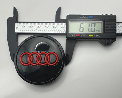 AUDI BLACK RED ALLOY WHEEL CENTRE CAPS (#AMEAU24BLACKRED)