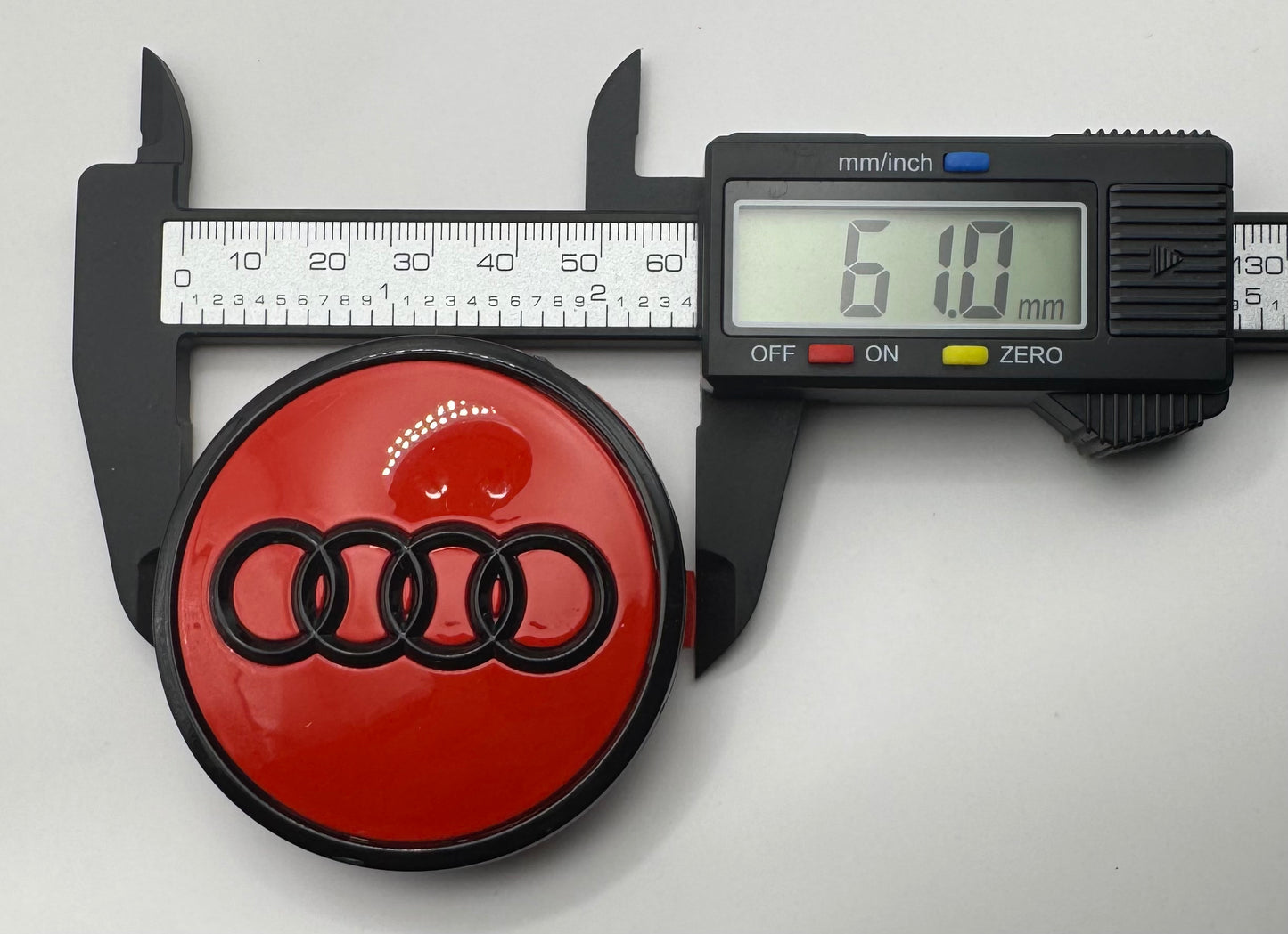 AUDI RED BLACK ALLOY WHEEL CENTRE CAPS (#AMEAU23REDBLACK)