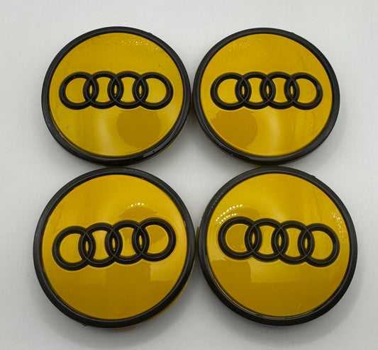 AUDI YELLOW BLACK ALLOY WHEEL CENTRE CAPS (#AMEAU19YELLOWBLACK)