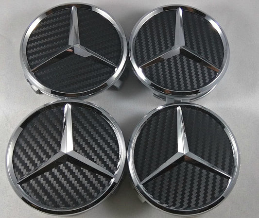 SET OF 4 MERCEDES BLACK Carbon ALLOY WHEEL CENTRE CAPS 75MM Fit A CLASS, C CLASS, E CLASS, S CLASS, AMG