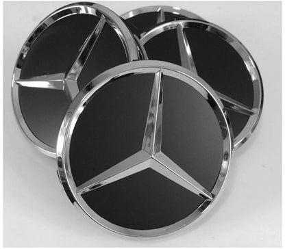 SET OF 4 MERCEDES Black Matte ALLOY WHEEL CENTRE CAPS 75MM Fit A CLASS, C CLASS, E CLASS, S CLASS, AMG