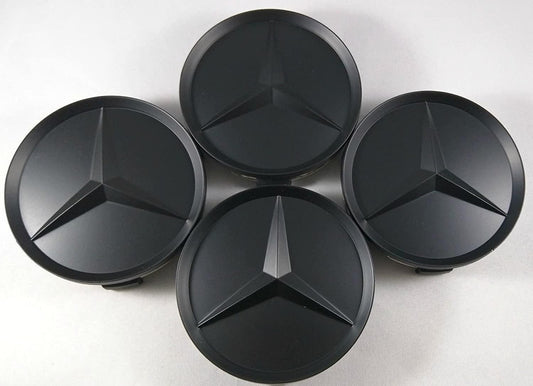SET OF 4 MERCEDES Full BLACK Matte ALLOY WHEEL CENTRE CAPS 75MM Fit A CLASS, C CLASS, E CLASS, S CLASS, AMG