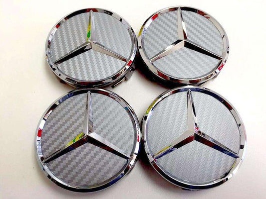 SET OF 4 MERCEDES SILVER Carbon ALLOY WHEEL CENTRE CAPS 75MM Fit A CLASS, C CLASS, E CLASS, S CLASS, AMG