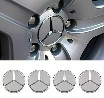 SET OF 4 MERCEDES Silver ALLOY WHEEL CENTRE CAPS 75MM Fit A CLASS, C CLASS, E CLASS, S CLASS, AMG