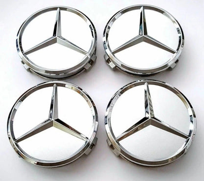 SET OF 4 MERCEDES Silver ALLOY WHEEL CENTRE CAPS 75MM Fit A CLASS, C CLASS, E CLASS, S CLASS, AMG