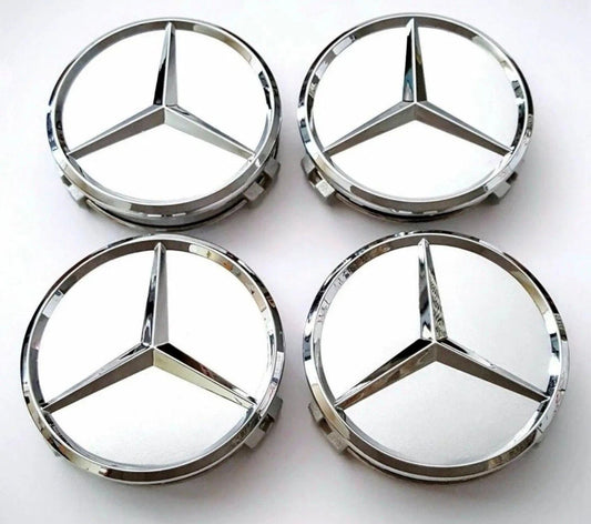 SET OF 4 MERCEDES Silver ALLOY WHEEL CENTRE CAPS 75MM Fit A CLASS, C CLASS, E CLASS, S CLASS, AMG