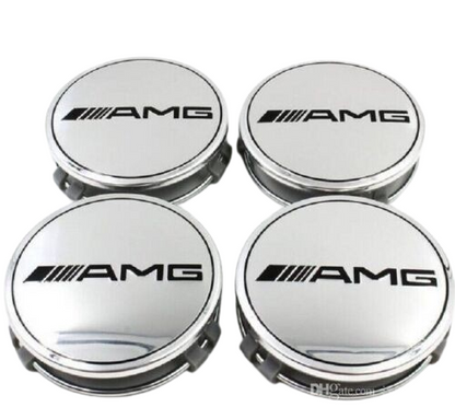 SET OF 4 MERCEDES AMG SILVER ALLOY WHEEL CENTRE CAPS 75MM Fit A CLASS, C CLASS, E CLASS, S CLASS, AMG