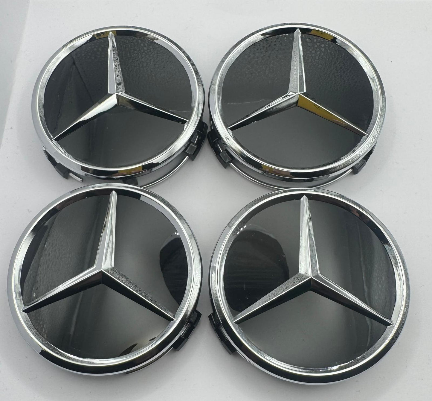 SET OF 4 MERCEDES Black Gloss ALLOY WHEEL CENTRE CAPS 75MM Fit A CLASS, C CLASS, E CLASS, S CLASS, AMG