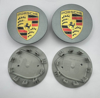SET OF 4 PORSCHE Grey ALLOY WHEEL CENTRE CAPS 76MM Fit 911, Cayman, Boxster