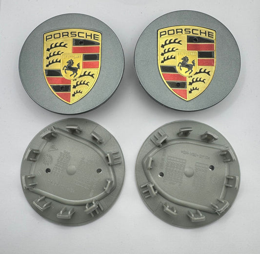 SET OF 4 PORSCHE Grey ALLOY WHEEL CENTRE CAPS 76MM Fit 911, Cayman, Boxster