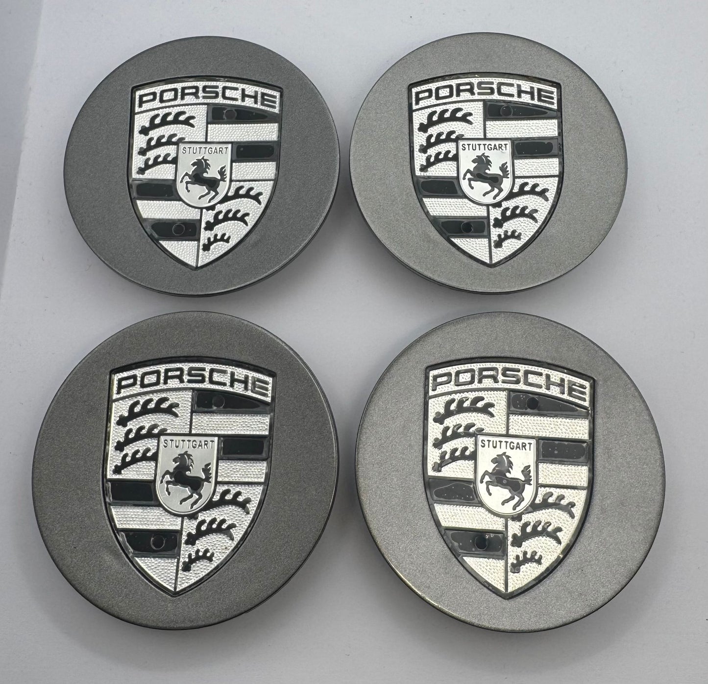 SET OF 4 PORSCHE Grey Black ALLOY WHEEL CENTRE CAPS 76MM Fit 911, Cayman, Boxster