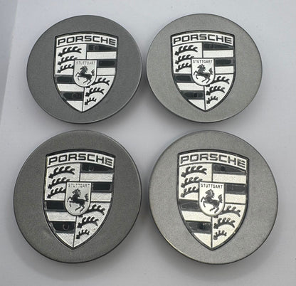 SET OF 4 PORSCHE Grey Black ALLOY WHEEL CENTRE CAPS 76MM Fit 911, Cayman, Boxster