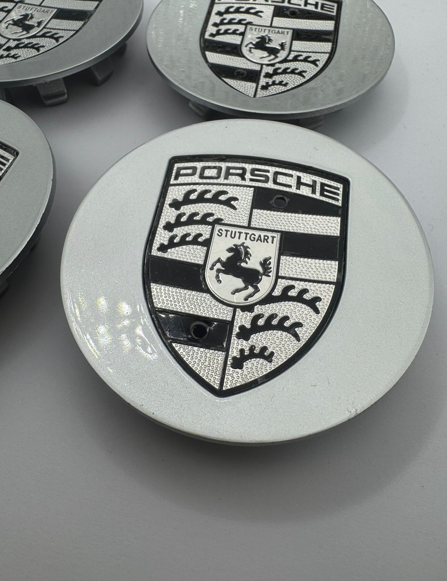 SET OF 4 PORSCHE Silver Black ALLOY WHEEL CENTRE CAPS 76MM Fit 911, Cayman, Boxster